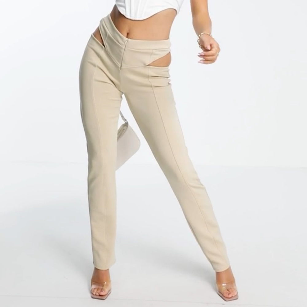 ASOS Beige Straight Leg Cutout Waist Pants